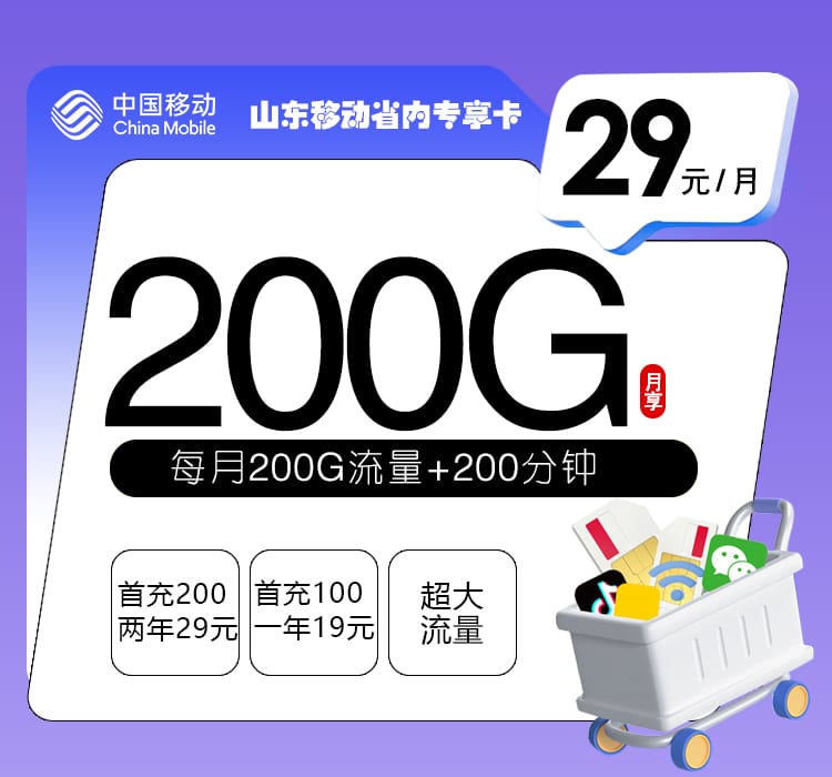 山东移动省内专享卡【29元200G流量+200分钟】